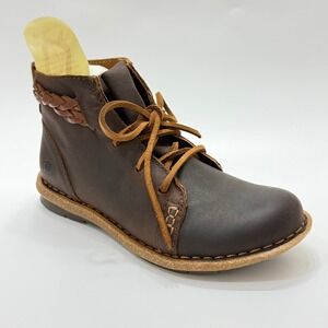 New‎ Born Brown Leather Braided Lace Up Ankle Boots Women's Size 6 With Box